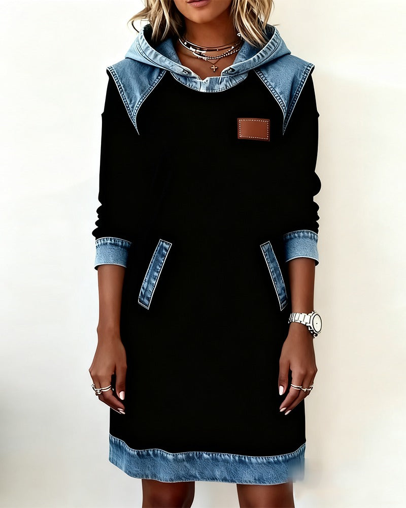 Celine - Modern Comfort Hoodie Dress with Chic Denim Accents