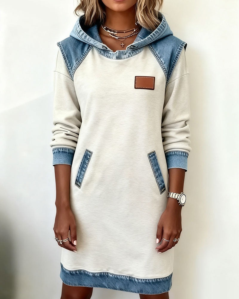 Celine - Modern Comfort Hoodie Dress with Chic Denim Accents