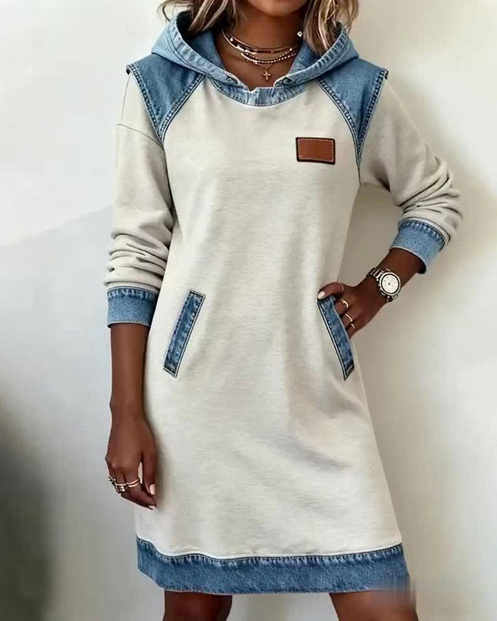 Celine - Modern Comfort Hoodie Dress with Chic Denim Accents