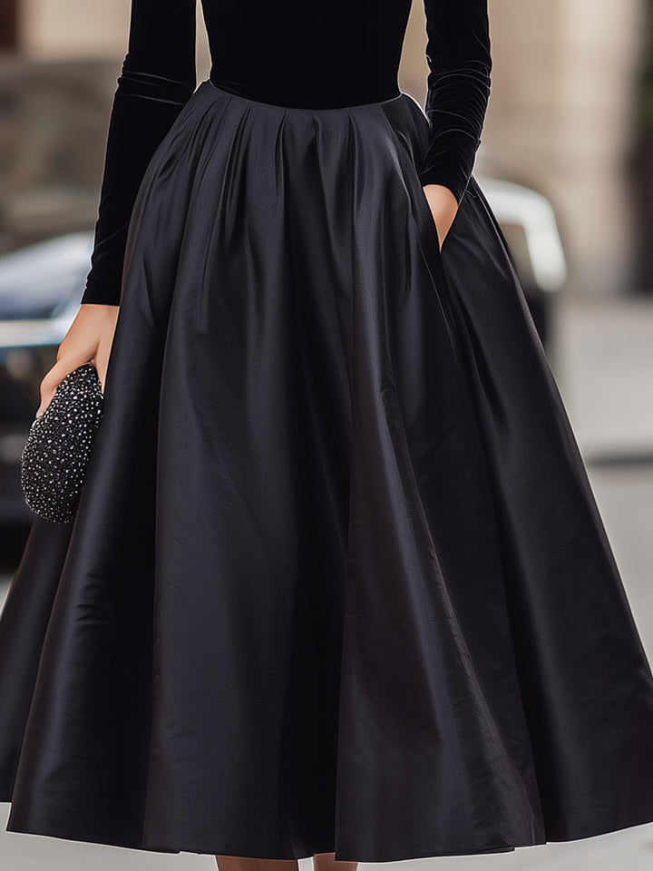 Ava | Elegant Black Velvet And Satin Midi Dress