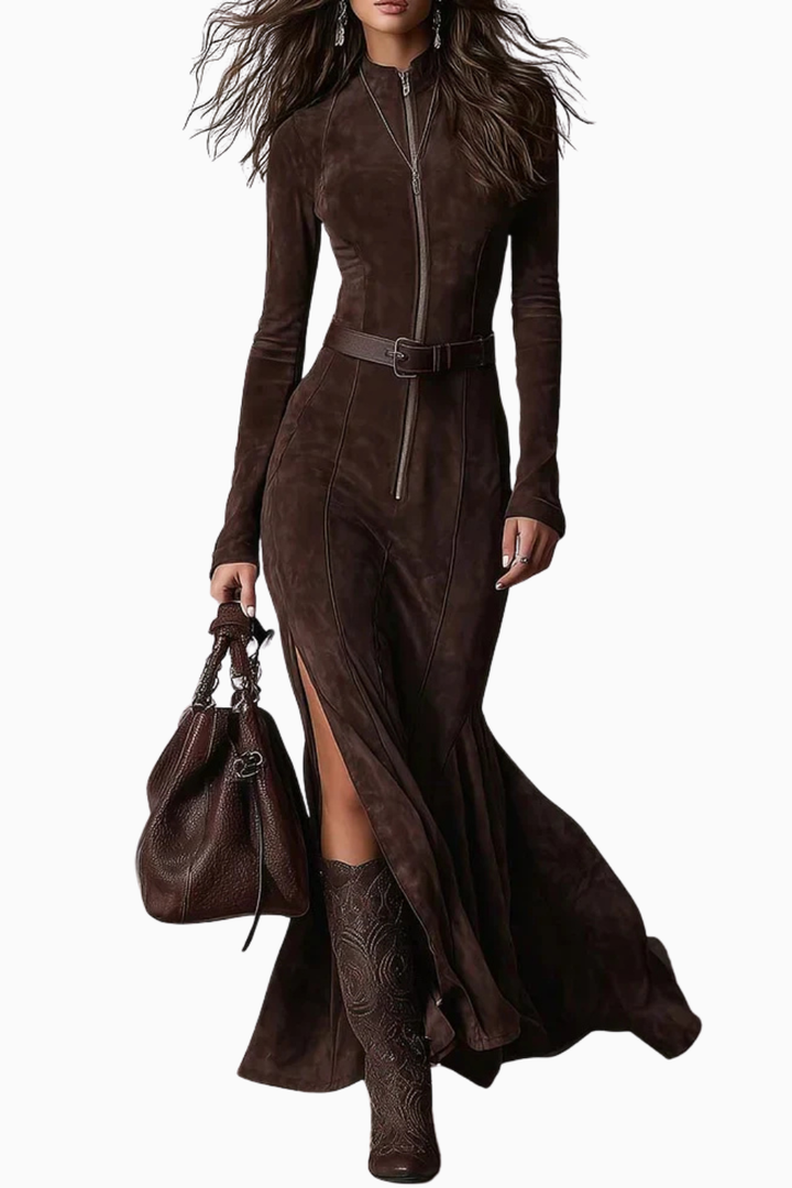 Ilenia | Vintage Brown Maxi Dress with Zipper