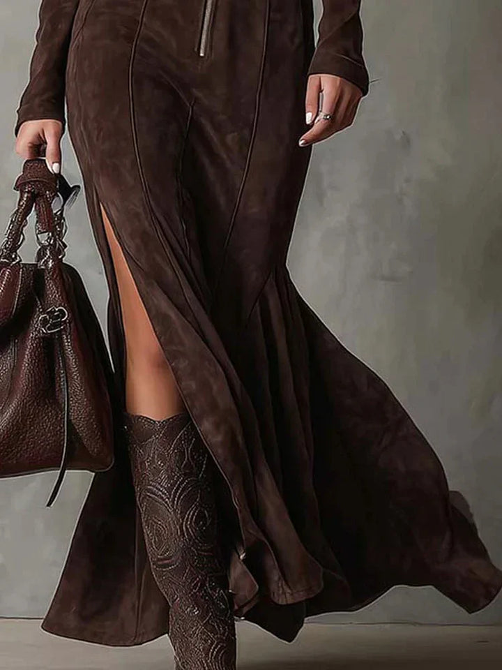 Ilenia | Vintage Brown Maxi Dress with Zipper