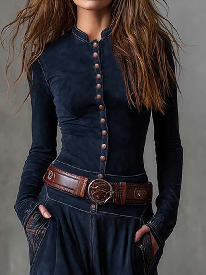 Fringilla – Long Vintage Suede Dress with Check Pattern