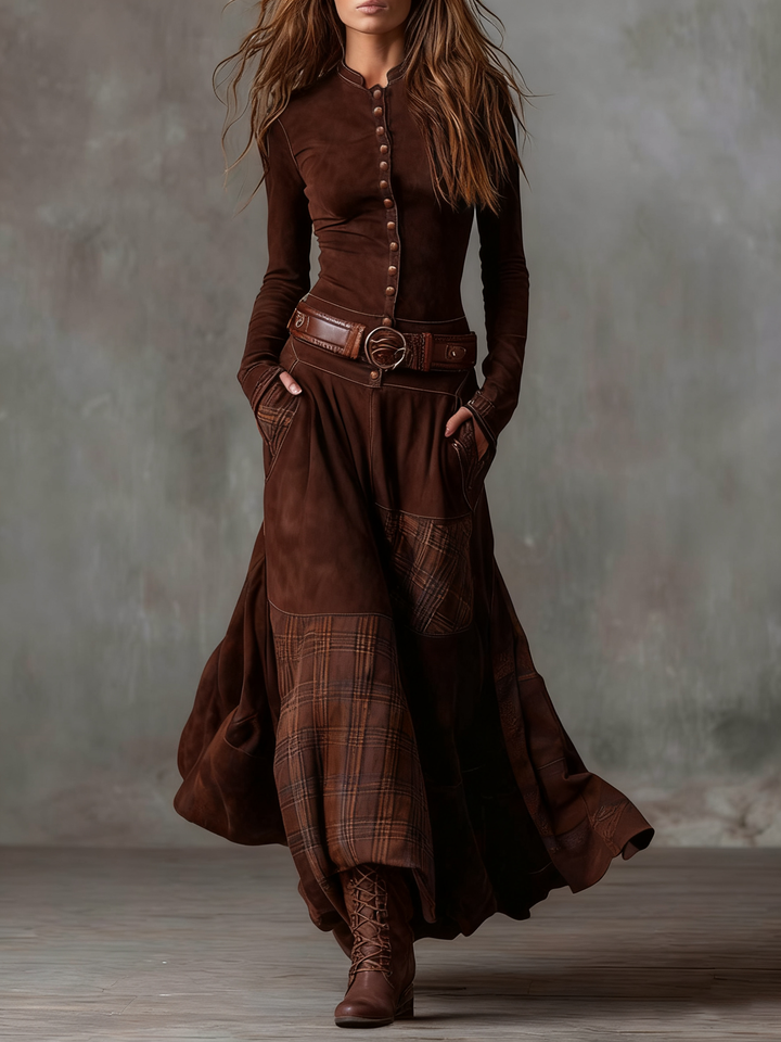 Fringilla – Long Vintage Suede Dress with Check Pattern