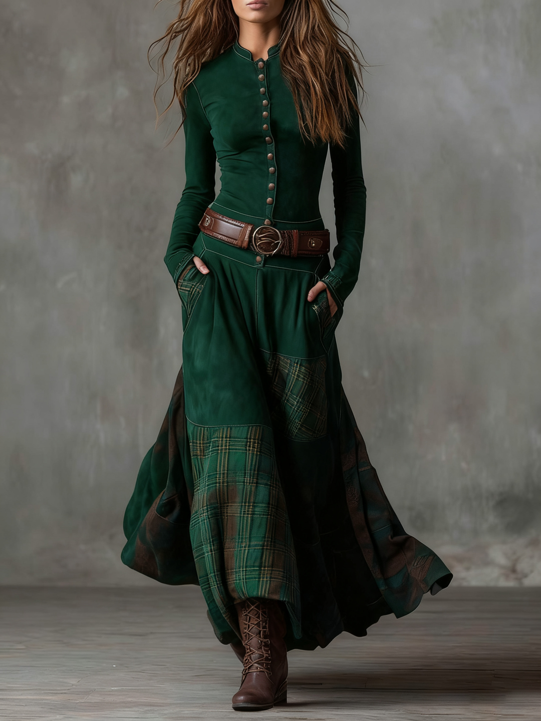 Fringilla – Long Vintage Suede Dress with Check Pattern
