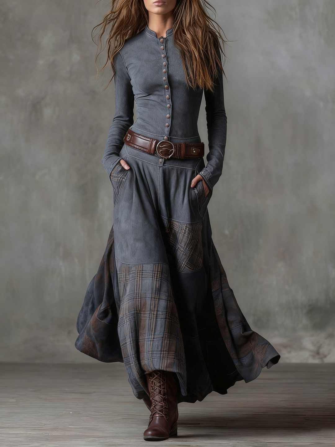 Fringilla – Long Vintage Suede Dress with Check Pattern