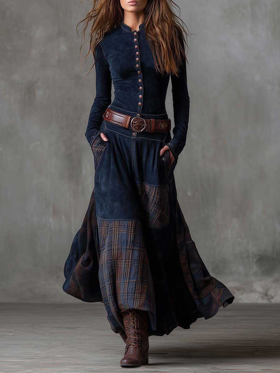 Fringilla – Long Vintage Suede Dress with Check Pattern
