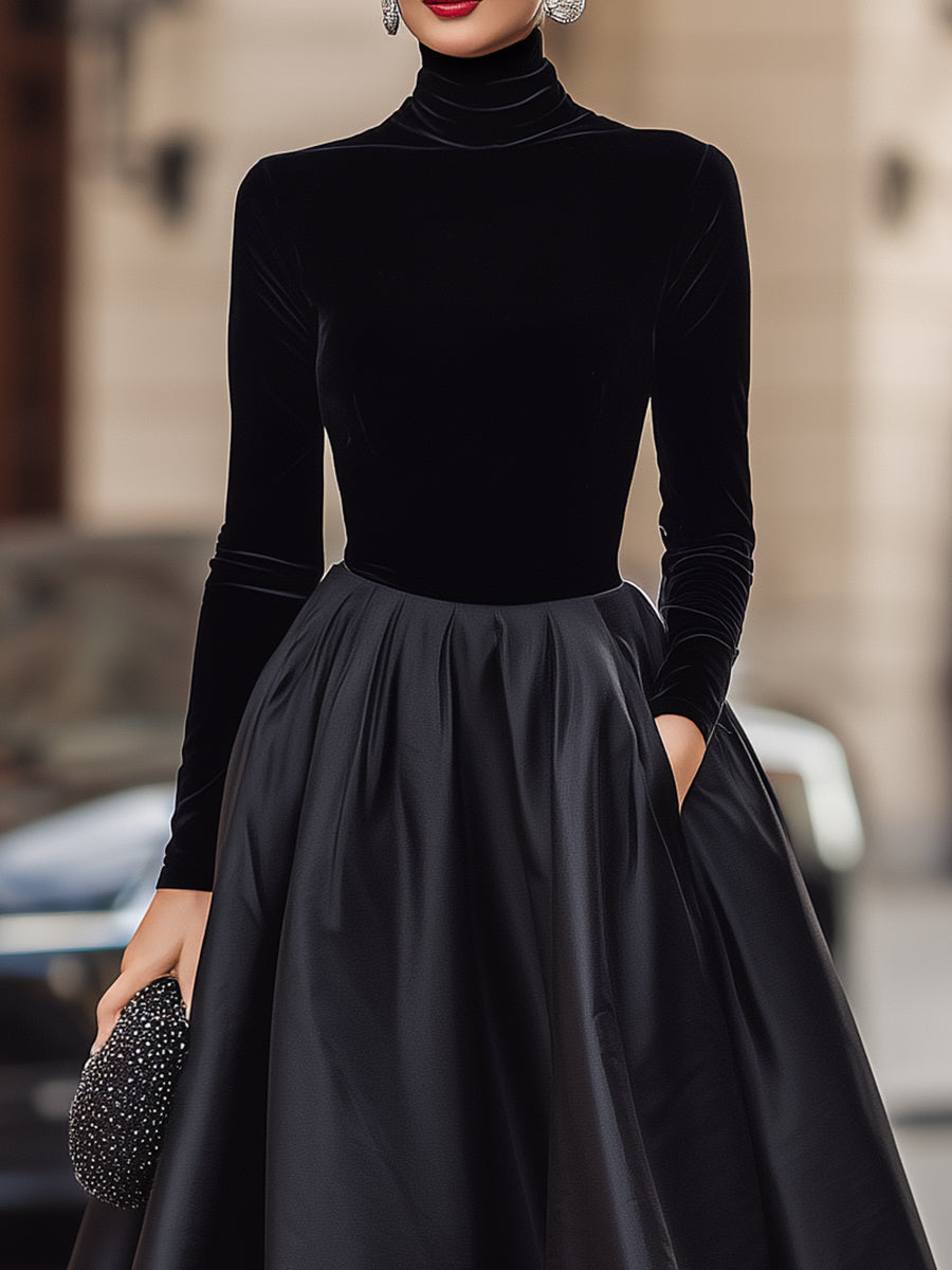 Ava | Elegant Black Velvet And Satin Midi Dress