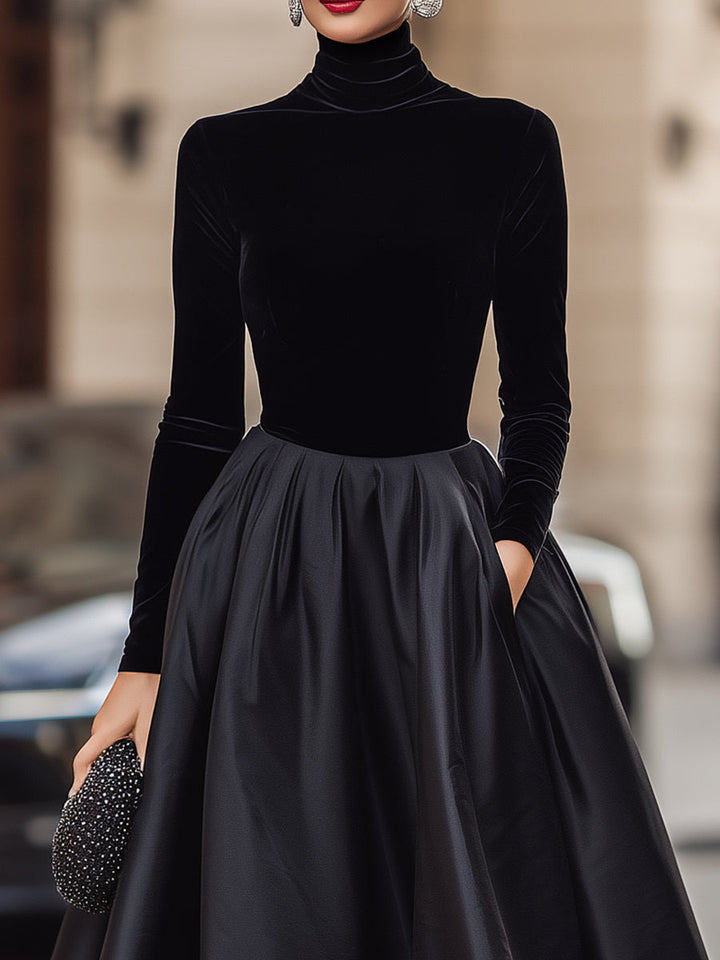 Ava | Elegant Black Velvet And Satin Midi Dress